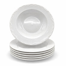 Load image into Gallery viewer, Soup Bowls Pasta Plates Set Porcelain White Embossed Floral Dot Rim 9"