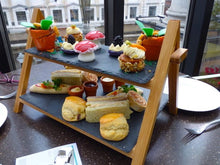 Load image into Gallery viewer, Personalised 2 Tier Cake Stand Wedding Tiered Serving Stand Afternoon Tea Slate Bamboo Logo Bulk Van Gogh