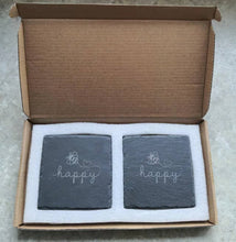 Load image into Gallery viewer, Slate Coasters Square "Bee Happy" Personalised Craft Design Table Drinks Mat 10cm