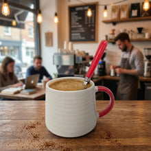 Load image into Gallery viewer, Ceramic Coffee Tea Mug 13oz Ribbing Textured Finish Red Painted Handle

