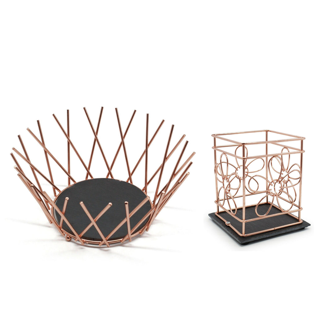 Fruit Bowl Basket Utensils Holder Wine Decorative Storage Display Copper Slate