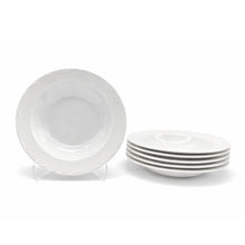 Load image into Gallery viewer, Soup Bowls Pasta Plates Set Porcelain White Embossed Floral Dot Rim 9"
