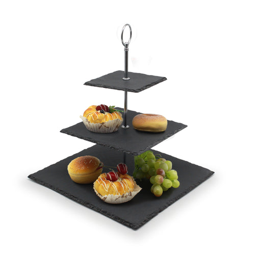 3 Tier Slate Cake Stand Wedding Tiered Pastry Serving Display Mothers Day Afternoon Tea Party Square Silver /Gold Handle